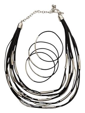 Vintage Chicos “Lennox Short” necklace w/five black straps and silver bar accent